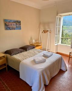 ein Schlafzimmer mit einem Bett in einem Zimmer mit Fenster in der Unterkunft Pécoule in Bevons