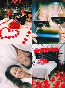 een vrouw in bed met een glas wijn bij Hotel Vip70 Jaen Perú in Jaén