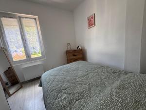 une chambre avec un lit et une commode et deux fenêtres dans l'établissement Gîte des Prés, à Revin 2 autres photos