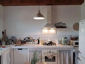 a kitchen with a stove top oven next to a sink at Hármaspuszta Vendégház in Fülöpszállás