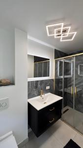 een badkamer met een wastafel en een douche bij Ferienhaus Lopezan House, Living in Hornberg +31 foto's