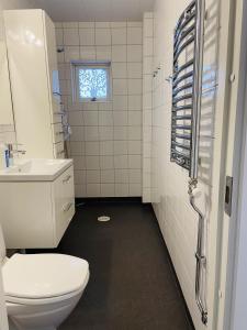 a bathroom with a toilet and a sink and a window at Annie Järdebergsgatan 3 in Kiruna
