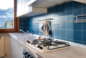 una cucina piastrellata di blu con piano cottura e lavandino di Terrazza Alpina in centro Barzio a Barzio