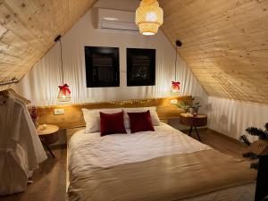 a bedroom with a large bed with red pillows at Kolibe Doftana in Trăisteni