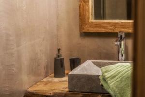 een wastafel in de badkamer met een zeepdispenser op een aanrecht bij Les Champis in La Bresse