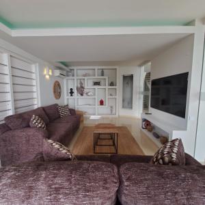 ein Wohnzimmer mit zwei Sofas und einem Fernseher in der Unterkunft Villa del Mare - Waterfront Villa in Jan Thiel