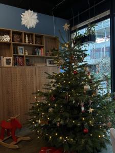 a christmas tree in a living room with a christmas at Levy's Rooms & Breakfast in Salzburg