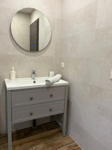 een badkamer met een wastafel en een spiegel bij Chalet Iris, spa privatif, 4p in Rochesson