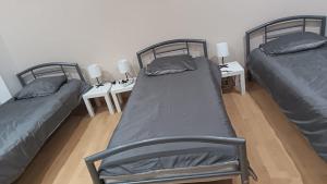 a bedroom with two beds and two tables with lamps at Hermina apartmanház in Budapest +158 photos