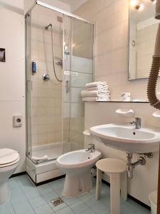 a bathroom with a shower and a sink and a toilet at La Fenice Hotel in Reggello +39 photos