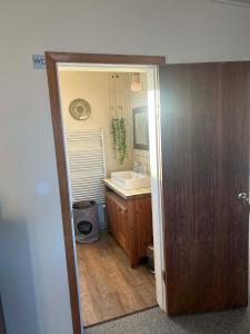 um banheiro com pia e espelho em Syðri-Þverá em Hvammstangi