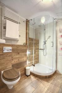 a bathroom with a shower and a toilet and a tub at Apartamenty Słoneczna in Tylicz