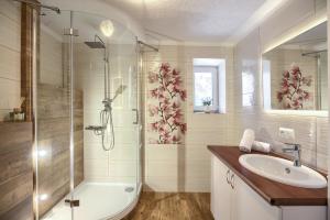 a bathroom with a shower and a sink and a tub at Apartamenty Słoneczna in Tylicz