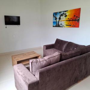 een woonkamer met een bruine bank en een tv bij Casa-Quiriri in Prado