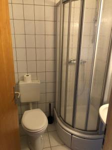 ein Badezimmer mit Toilette und Dusche in der Unterkunft Pension Karsten Mertens in Gardelegen + 7 Fotos