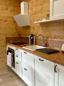a white kitchen with a sink and a counter at Chalet Lilas, spa privatif, 2p in Rochesson +7 photos