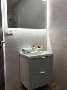 a bathroom with a sink and a mirror at Chalet Lilas, spa privatif, 2p in Rochesson