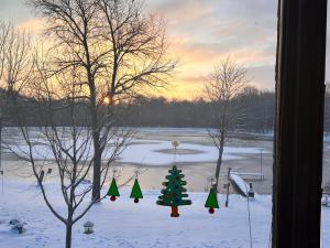 een kerstboom in de sneeuw buiten een raam bij Whispering Pines Auburn in Auburn +9 foto's