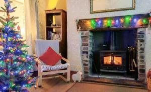 een woonkamer met een kerstboom en een open haard bij 3 Bed in Machynlleth oc-bow43 in Corris