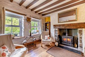 een woonkamer met een open haard en een spiegel bij 3 Bed in Machynlleth oc-bow43 in Corris +25 foto's