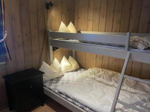 a room with two bunk beds and a night stand at Nostalgic Cabin With 3 Br, Fireplace, And Terrace in Beitostøl +11 photos