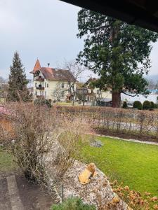 a teddy bear sitting in a yard with a house at Ferienwohnung Nika in Bad Reichenhall