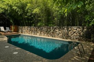 - une piscine avec un mur en pierre et un mur en pierre dans l'établissement Huge Ceilings Pool Piano ART, à Dallas
