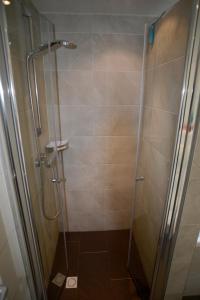 eine Dusche mit Glastür im Badezimmer in der Unterkunft Bungalow 21 - Nelderhut in Simpelveld