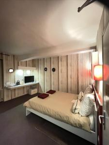 een slaapkamer met een bed, een bureau en een televisie bij Ariane Hôtel in Vichy