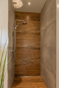 eine Dusche im Bad mit einer Holzwand in der Unterkunft Seeferienhaus am Süßen See 