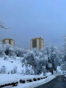 une route enneigée avec des bâtiments en arrière-plan dans l'établissement Geißenblick, à Hohegeiss