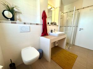 a bathroom with a toilet and a sink and a shower at KÄPT´N BRASS "Kajüte 4" in Dierhagen +12 photos