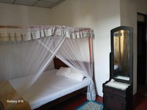 a bedroom with a canopy bed and a mirror at Kumari villa in Weligama
