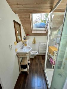 een badkamer met een wastafel en een toilet en een raam bij Chalet Etienne in Jarrier
