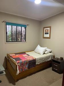 een slaapkamer met een bed en een raam bij casa en el lago in Contulmo