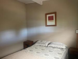 een slaapkamer met een bed en een schilderij aan de muur bij casa en el lago in Contulmo