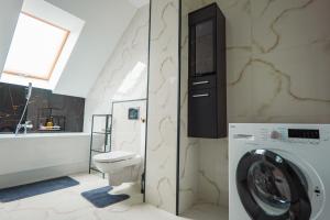 a bathroom with a toilet and a washing machine at Beskid Penthouse Milówka in Milówka