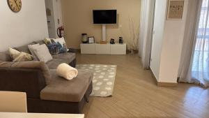 een woonkamer met een bank en een tv bij Bon Bon Il Brofferio in Asti