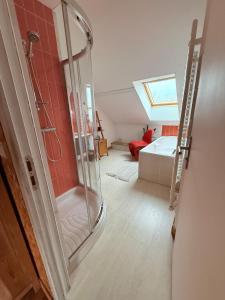 ein Bad mit Dusche in einem Zimmer in der Unterkunft La Verrière - maison écologique normande 