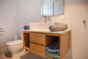 een badkamer met een wastafel en een toilet bij Luxury Beachfront Apt - Perfect for Beach Lovers in Rivière Noire +53 foto's