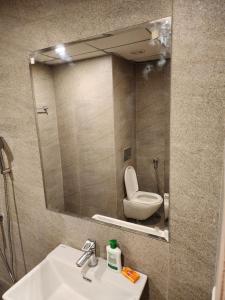 a bathroom mirror with a sink and a toilet at Aeternum WINGS At alpha 2 in Greater Noida
