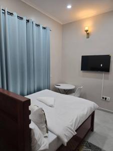 een slaapkamer met een bed en een tv aan de muur bij Kibs apartments in Dodoma