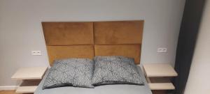 a bed with a brown headboard and two shelves at Apartament Centrum Matki Polki Łódź in Łódź