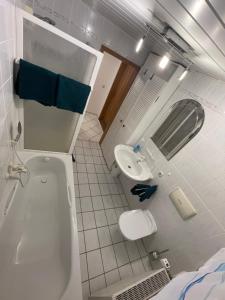 Un baño pequeño con inodoro y lavabo. en Ferienwohnung Matthias Lang, en Rugendorf 17 fotos más