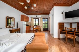 a bedroom with a bed and a desk and a kitchen at Mandraki Paradise in Meyisti