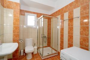 Un baño con ducha, inodoro y lavabo. en Acherontas Rooms 1, en Vouvopótamos