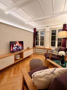 sala de estar con TV de pantalla plana en Little Escape House with Sauna & perfect Location, en Thun
