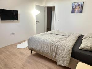 a bedroom with a bed and a flat screen tv at La Casa 2 in Sombor
