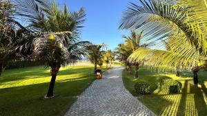 una passerella di ciottoli con palme in un parco di Beach Way Porto das Dunas ad Aquiraz