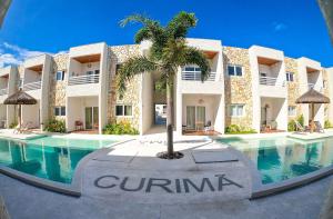 a resort with a palm tree in front of a swimming pool at MHV Milagres - Curimã B 1 in Passo de Camarajibe